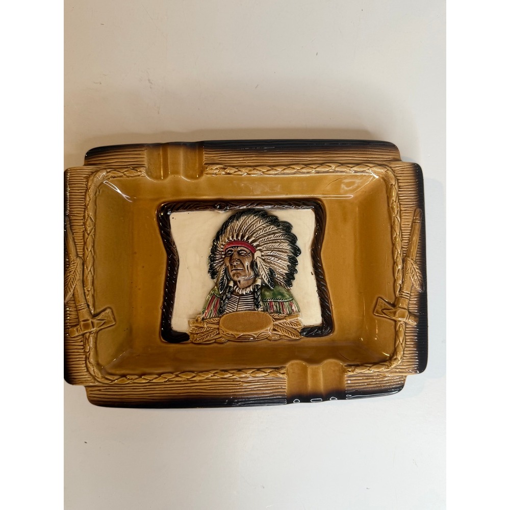 Vintage Made in Japan Native American Chief Ceramic Ashtray Western Decor